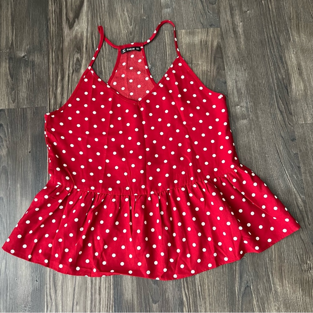 SHEIN Red and White Polka Dot Peplum Spaghetti Strap Top - Picture 2 of 10